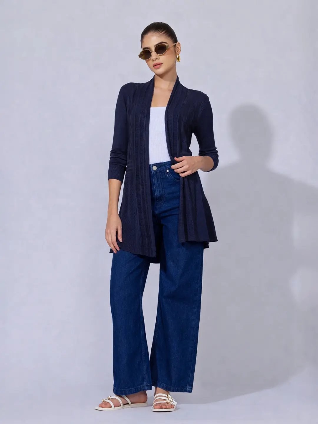 Women's Ribbed Navy Blue Longline Open Front Shrug - from SHOWOFFFF