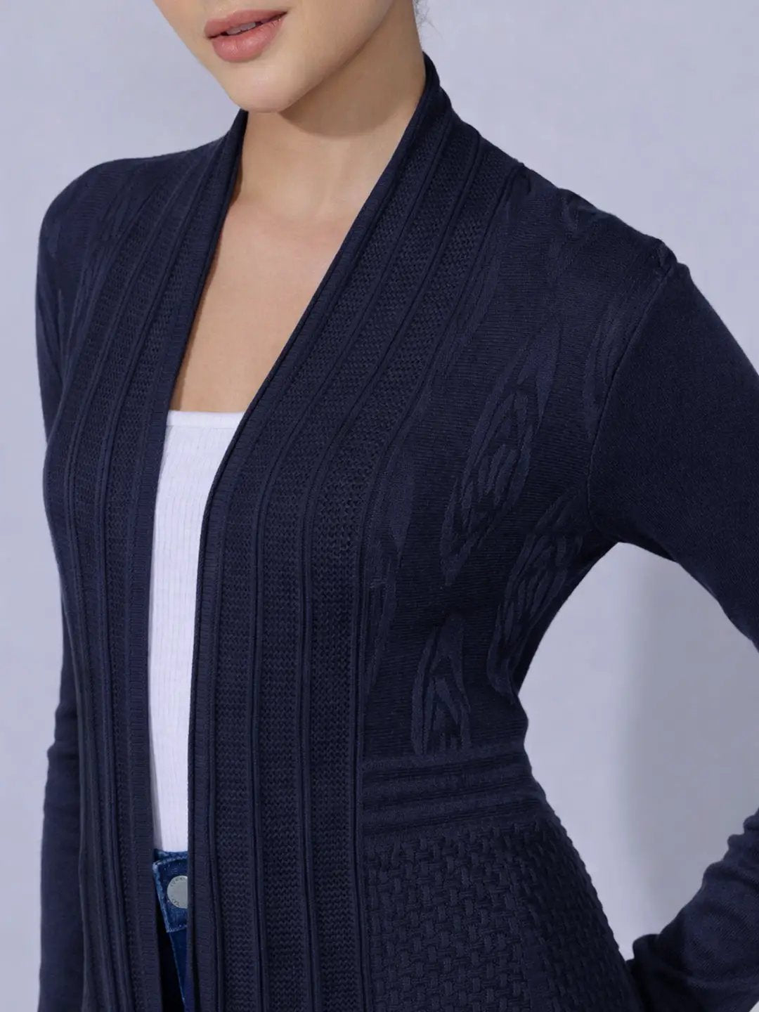 Women's Ribbed Navy Blue Longline Open Front Shrug - from SHOWOFFFF