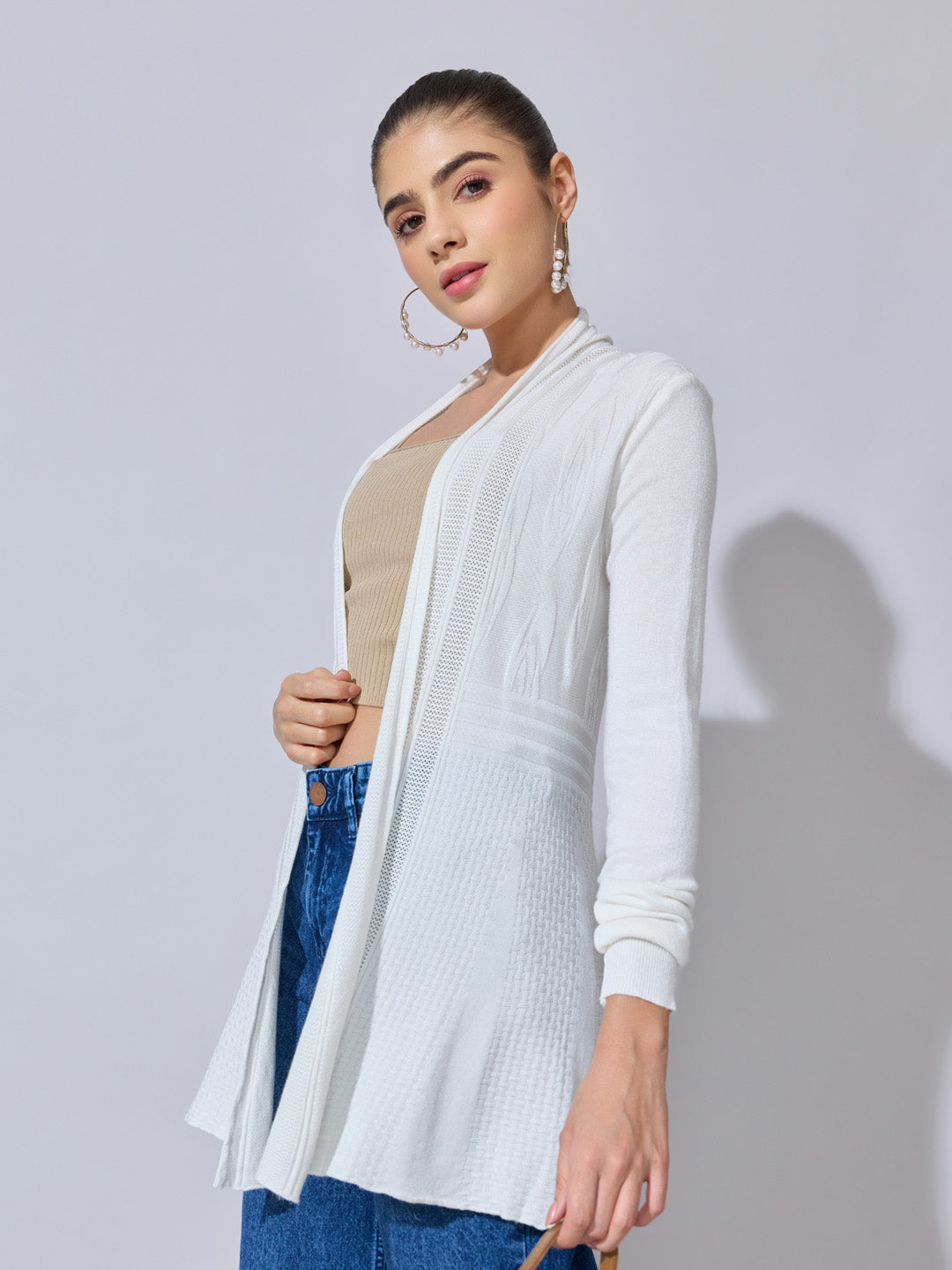 Women's Ribbed White Longline Open Front Shrug