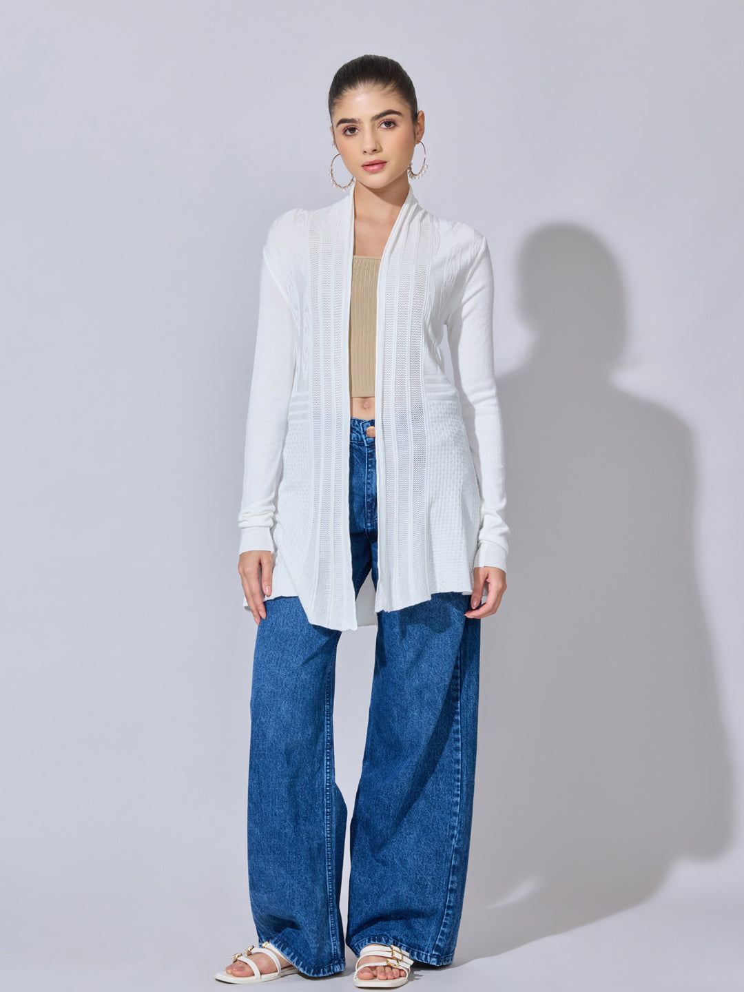 Women's Ribbed White Longline Open Front Shrug