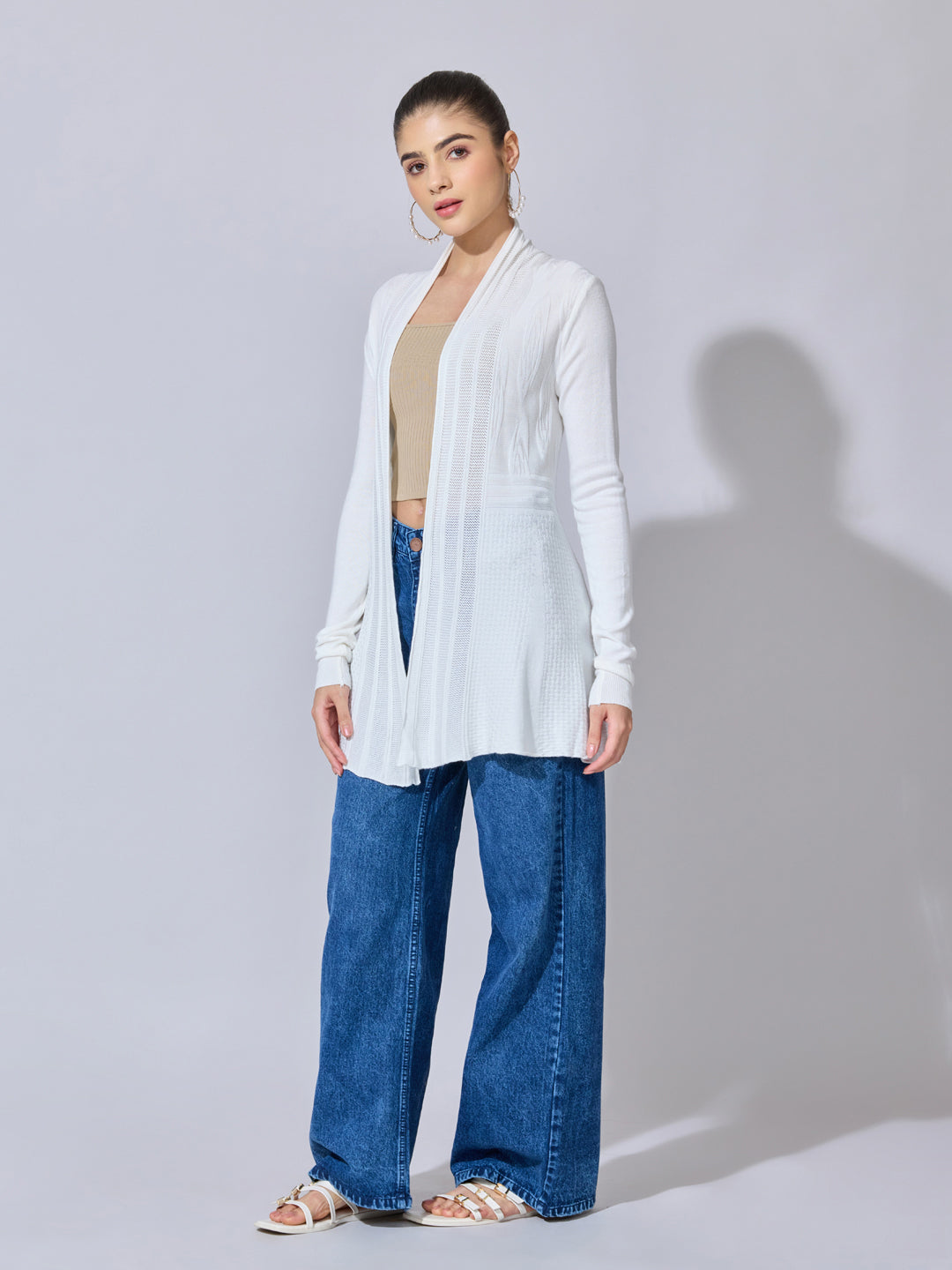 Women's Ribbed White Longline Open Front Shrug