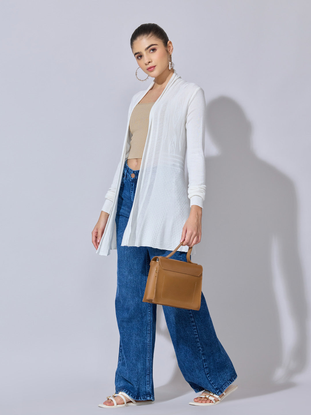 Women's Ribbed White Longline Open Front Shrug