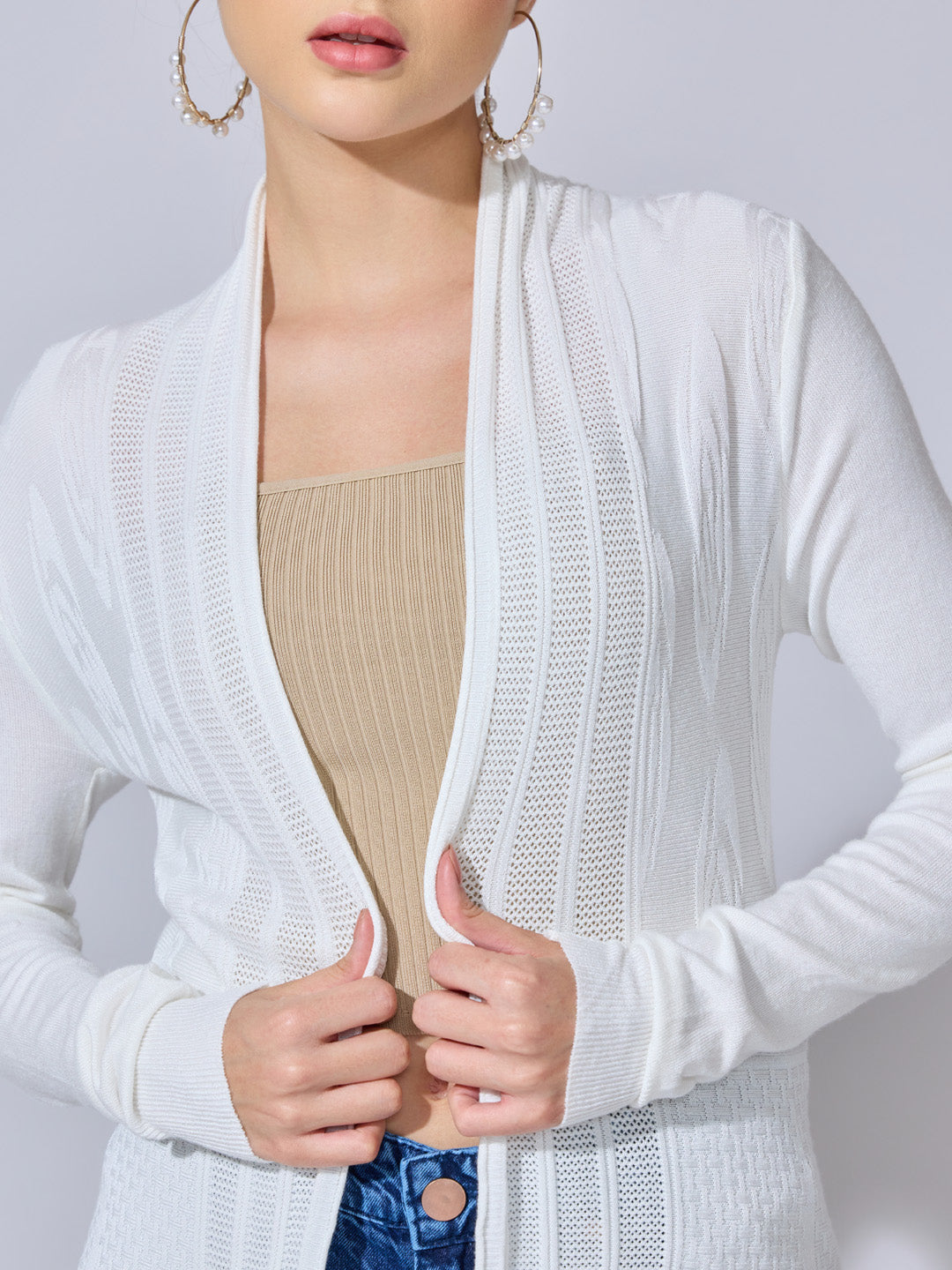 Women's Ribbed White Longline Open Front Shrug