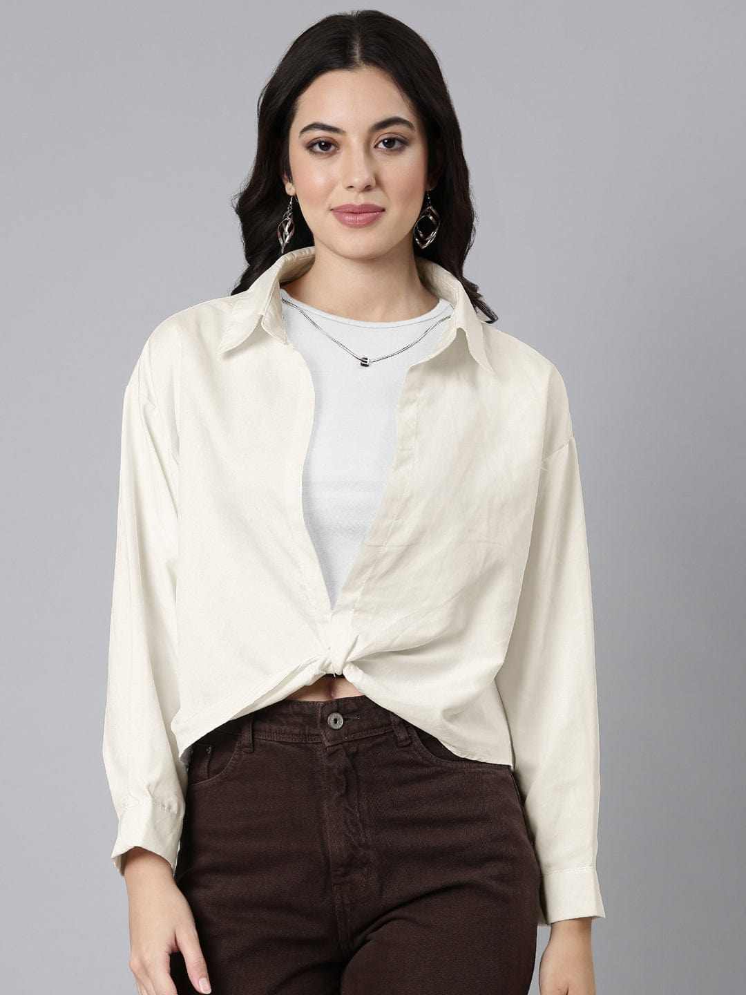 Women's Cream Shirt Collar Shirt Style Top with Tank Top