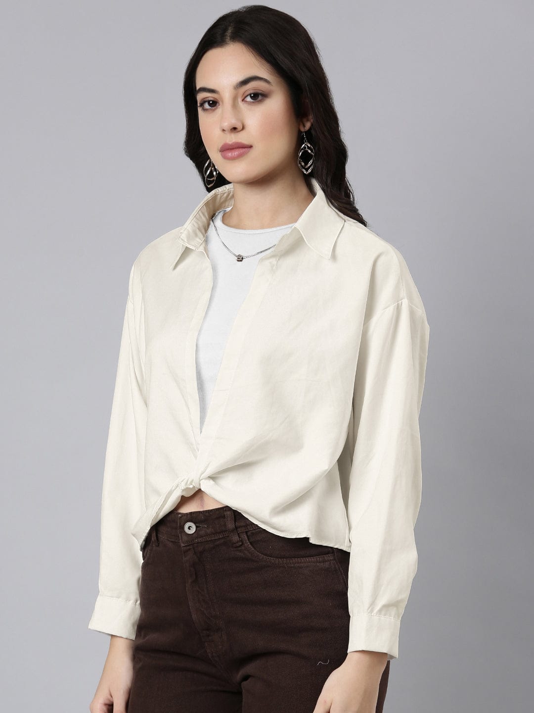 Women's Cream Shirt Collar Shirt Style Top with Tank Top