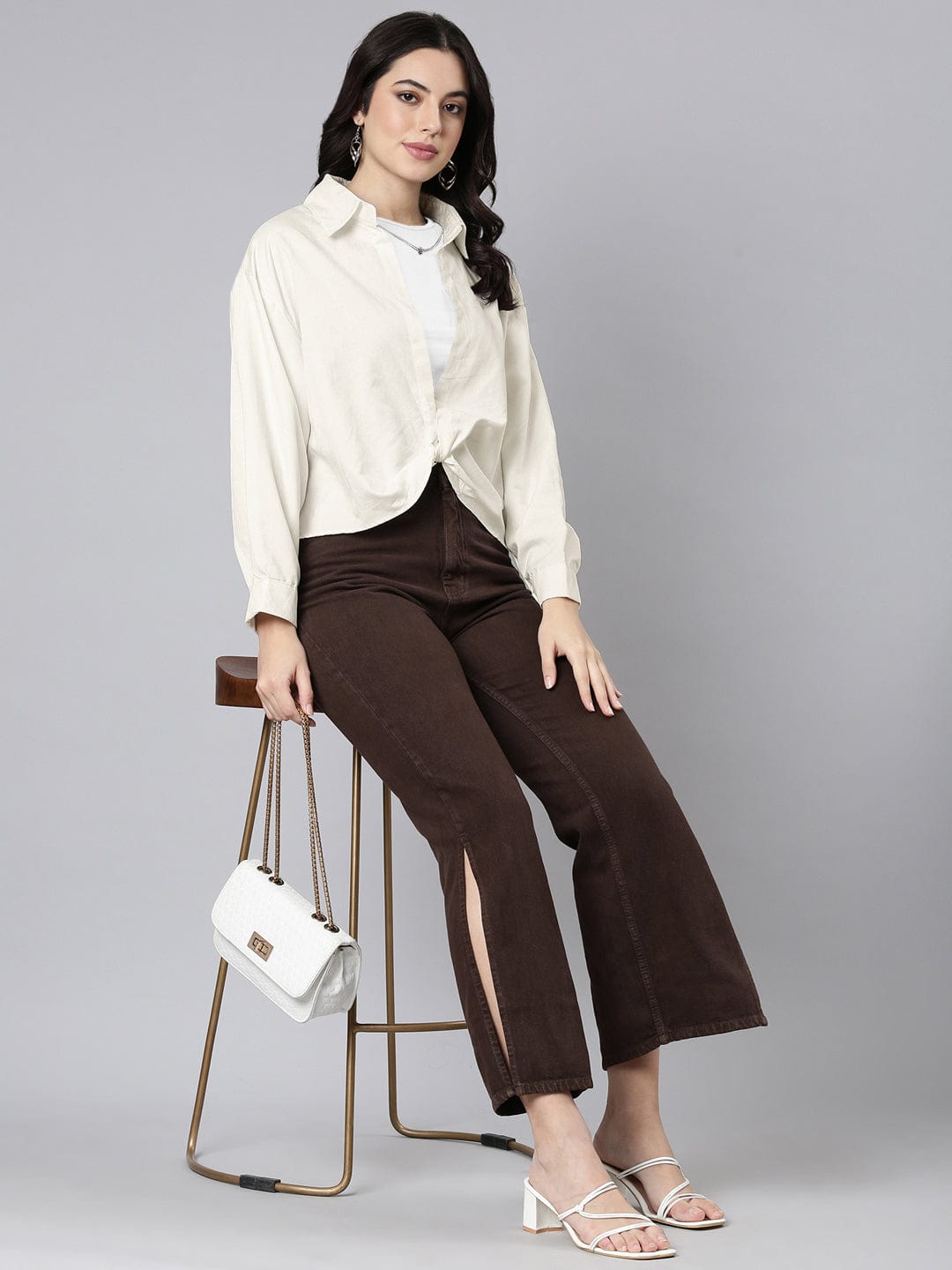 Women's Cream Shirt Collar Shirt Style Top with Tank Top