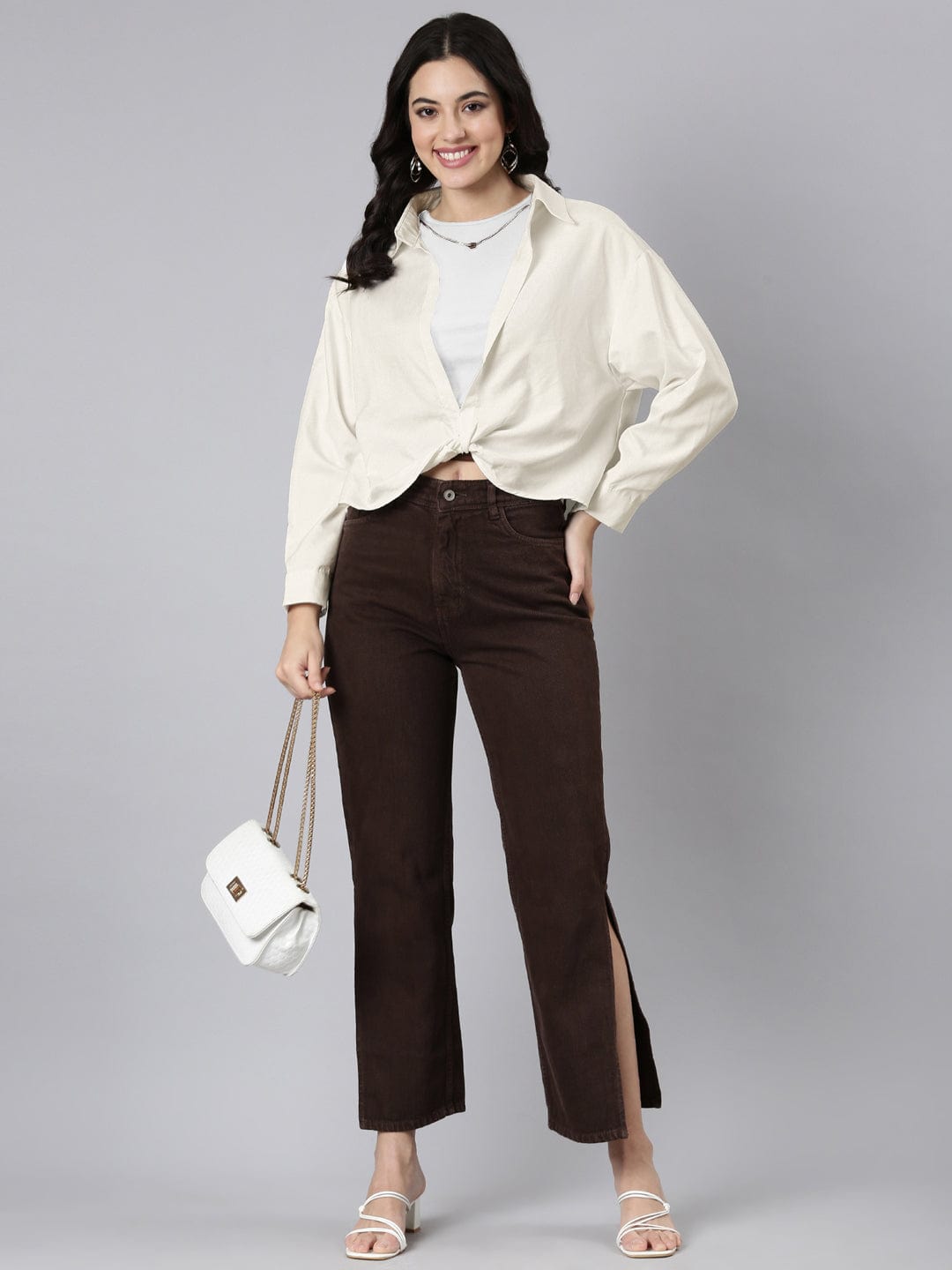 Women's Cream Shirt Collar Shirt Style Top with Tank Top