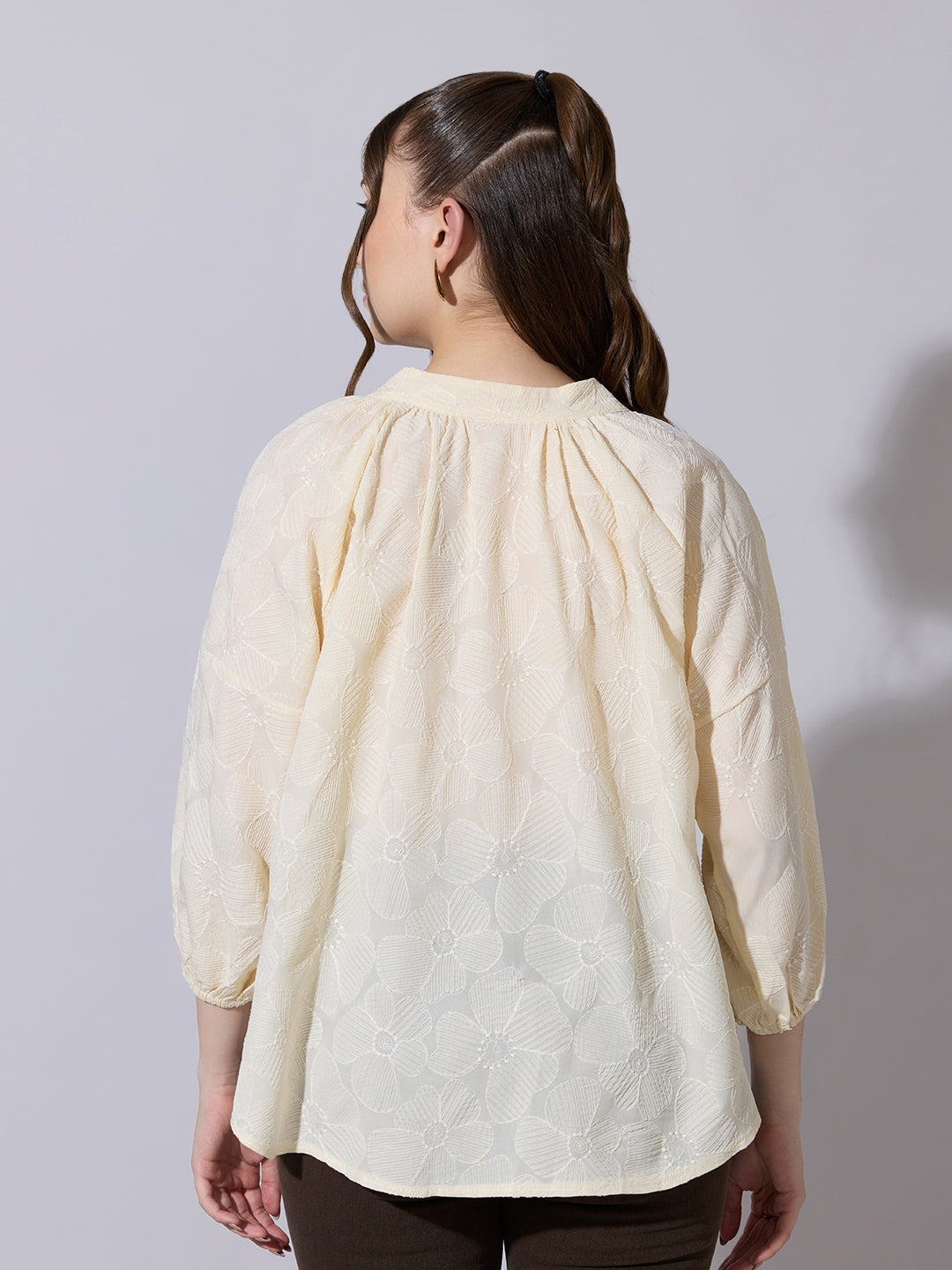 Women's Floral Textured Cream Top with Tie-Up Neck