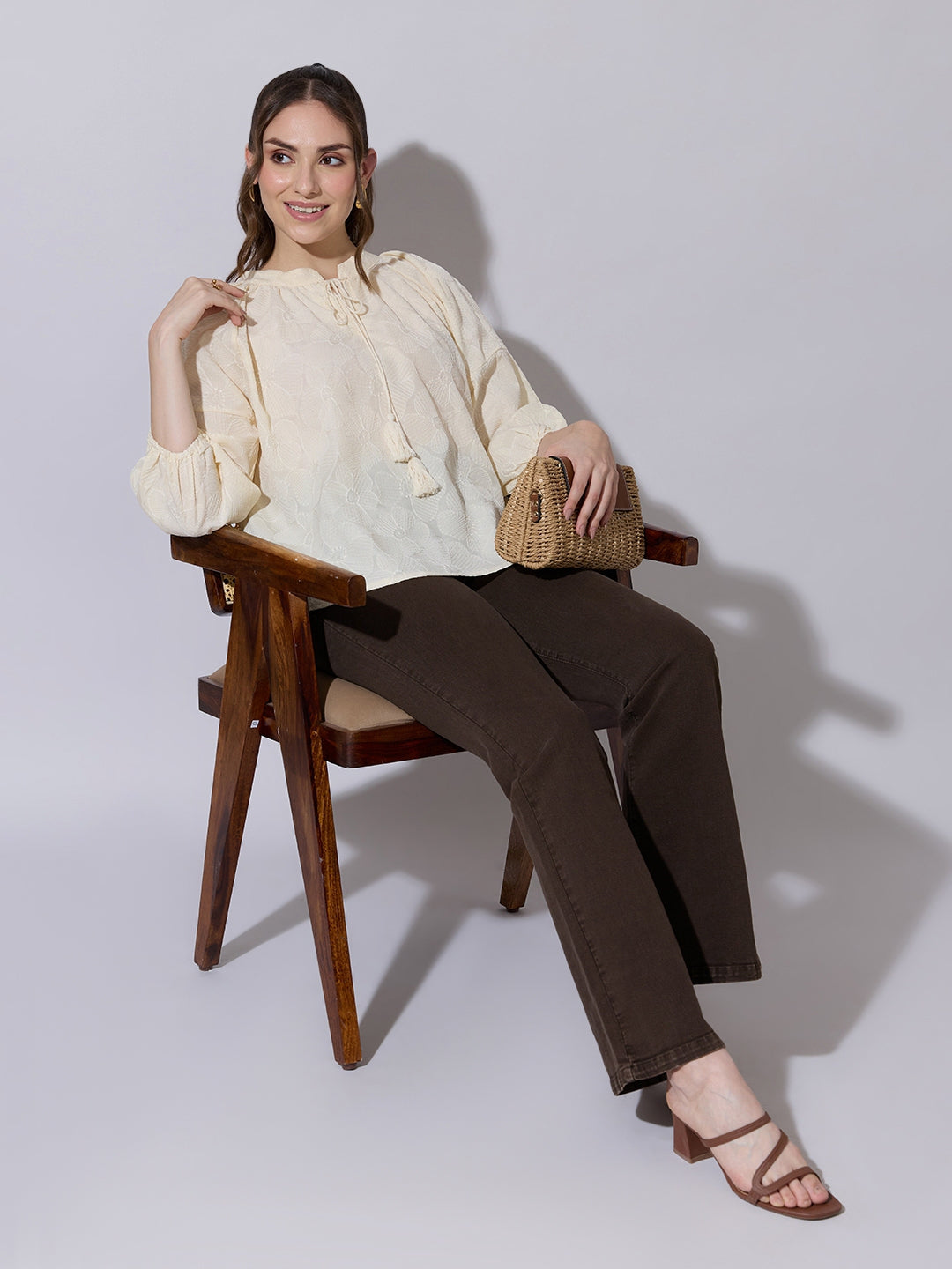 Women's Floral Textured Cream Top with Tie-Up Neck