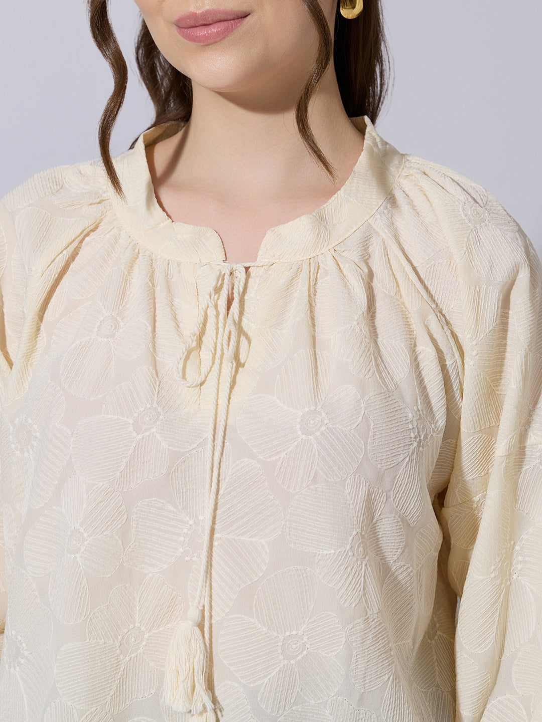 Women's Floral Textured Cream Top with Tie-Up Neck