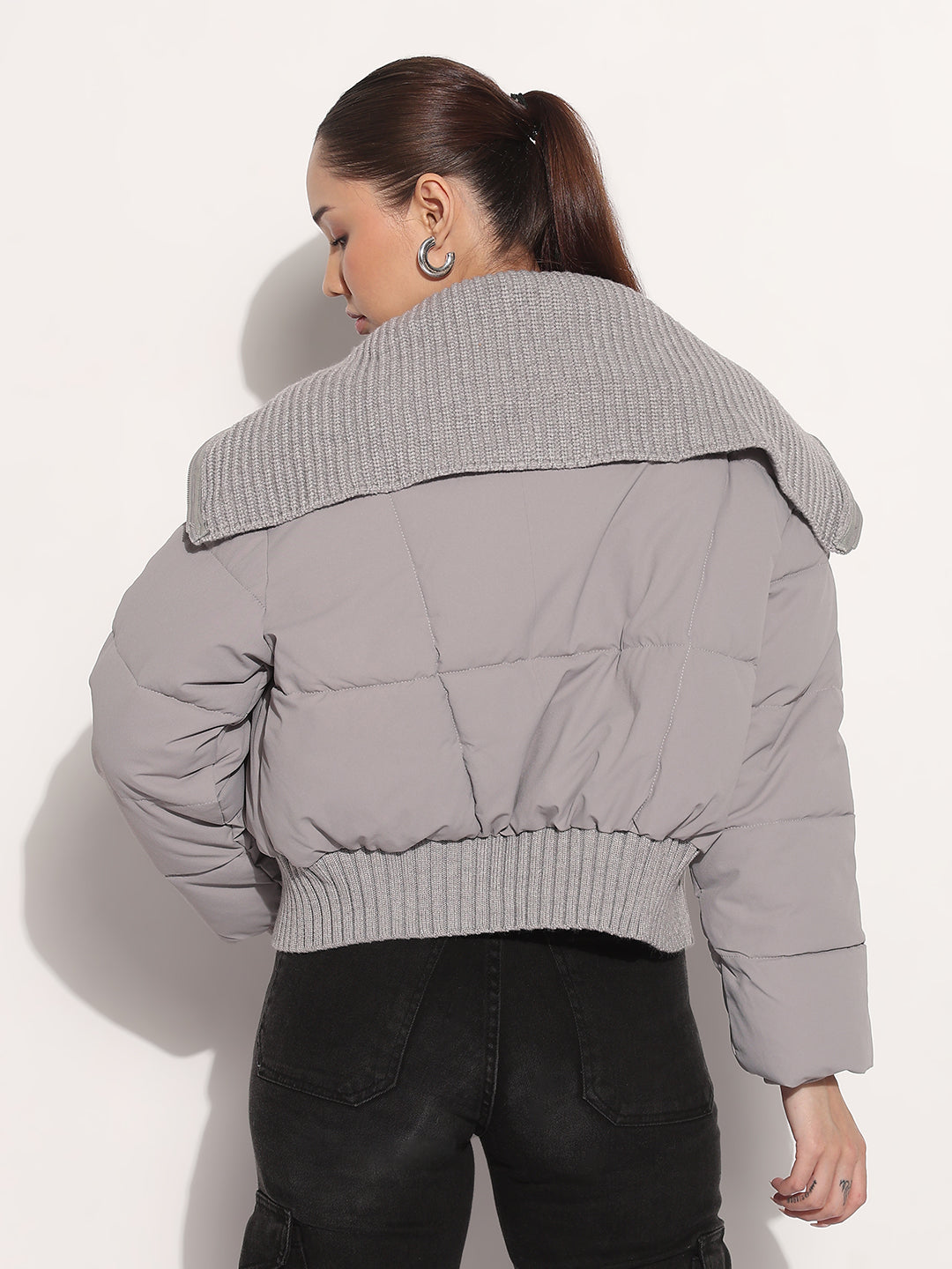 Women's Grey Shawl Collar Puffer Cropped Jacket