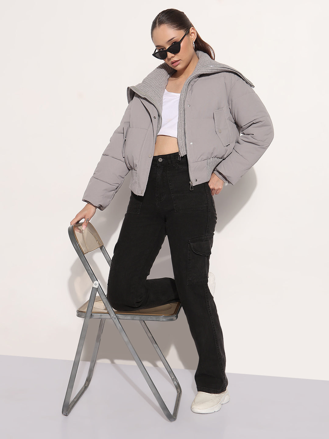 Women's Grey Shawl Collar Puffer Cropped Jacket