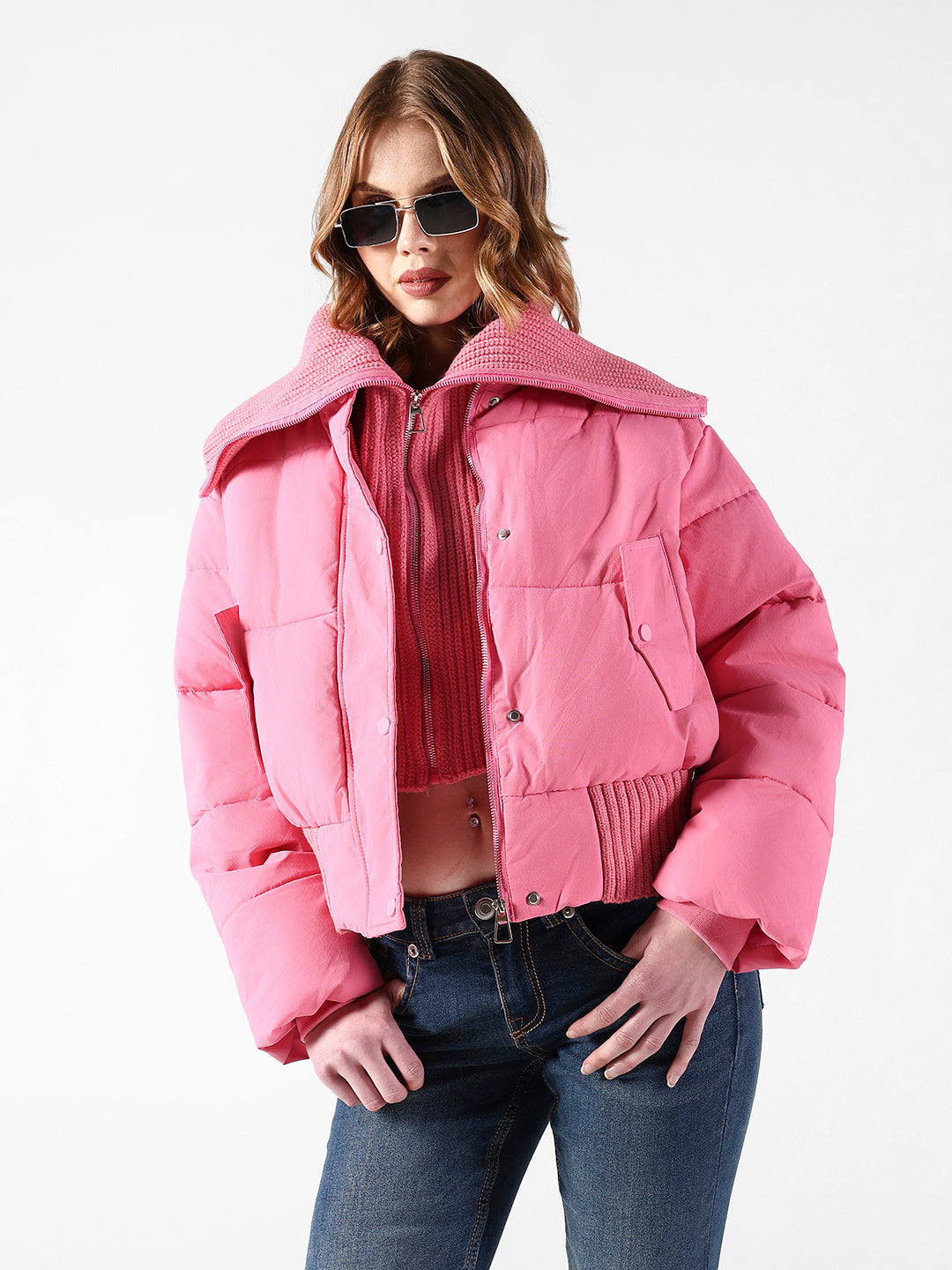 Women's Quilted Pink Puffer Jacket with Ribbed Zip-up Neck