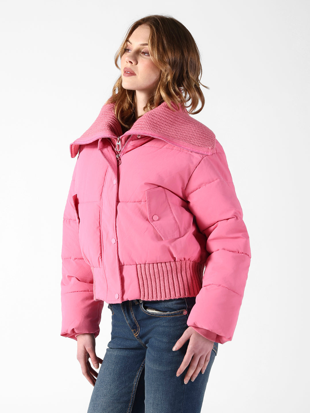 Women's Quilted Pink Puffer Jacket with Ribbed Zip-up Neck