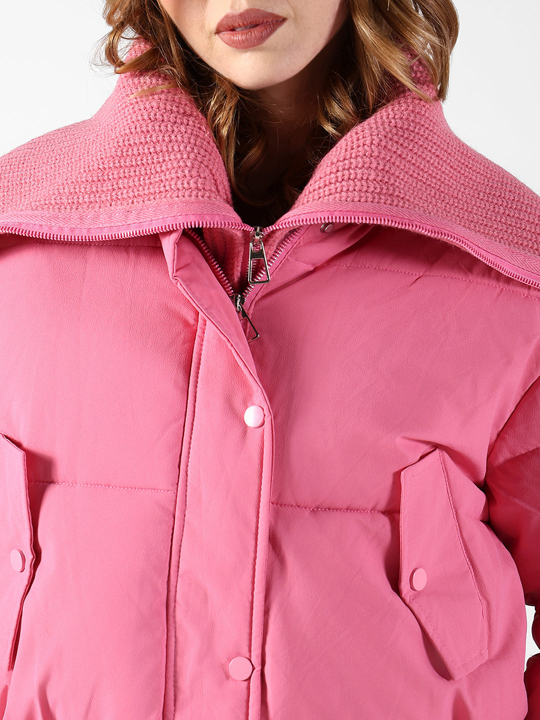 Women's Quilted Pink Puffer Jacket with Ribbed Zip-up Neck