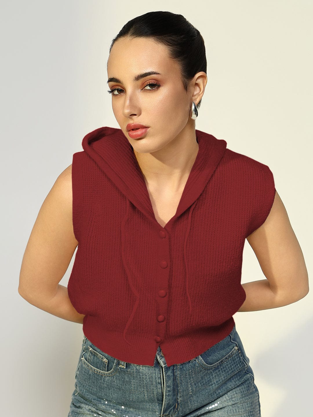 Women's Ribbed Red Hooded Short Top with Buttons