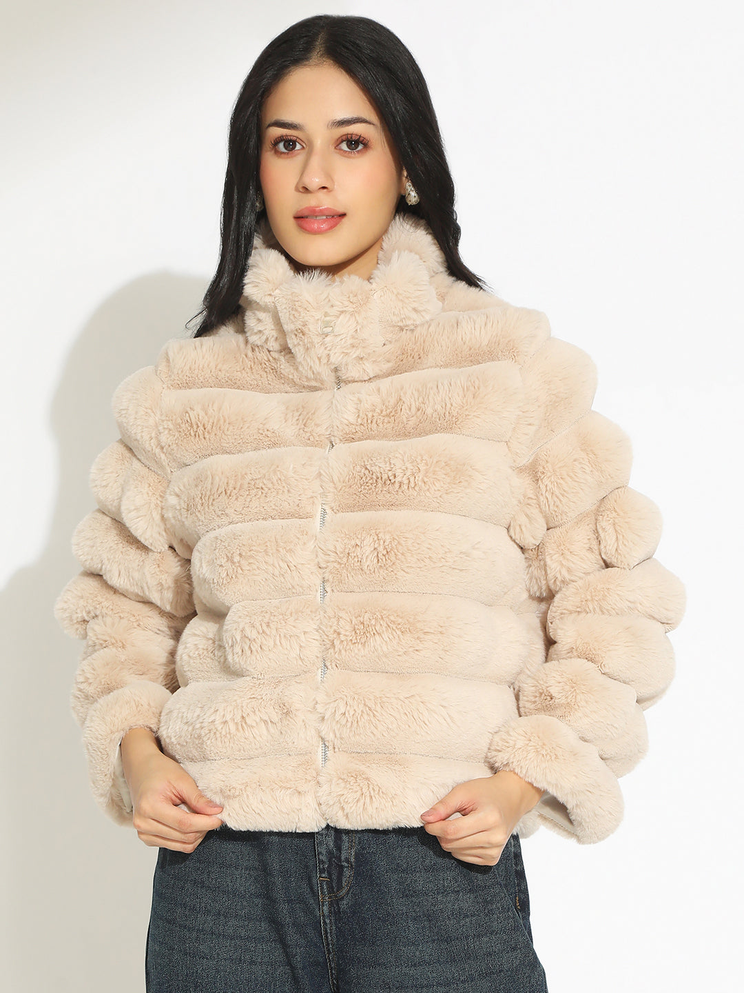 Women's Beige Faux Fur Puffer Zip-Up Jacket