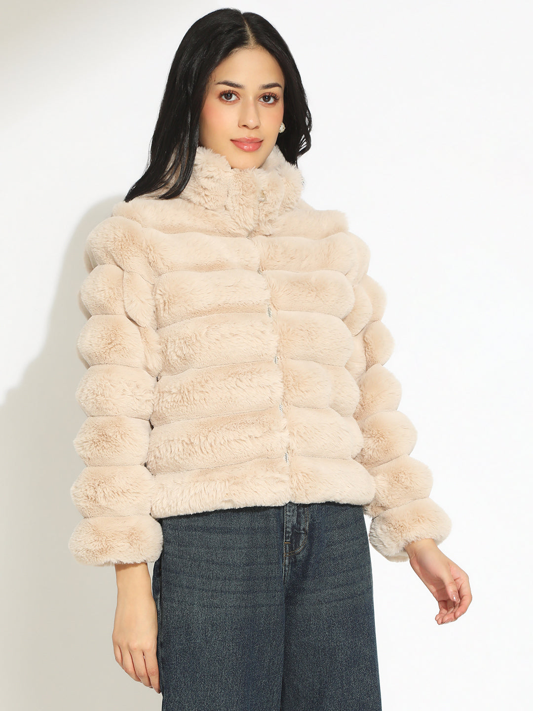 Women's Beige Faux Fur Puffer Zip-Up Jacket