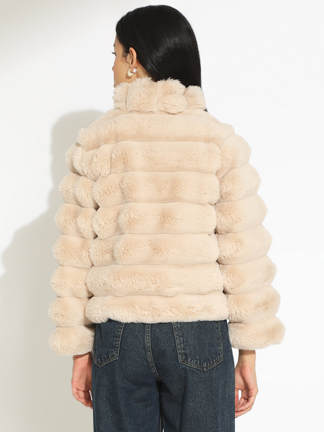 Women's Beige Faux Fur Puffer Zip-Up Jacket