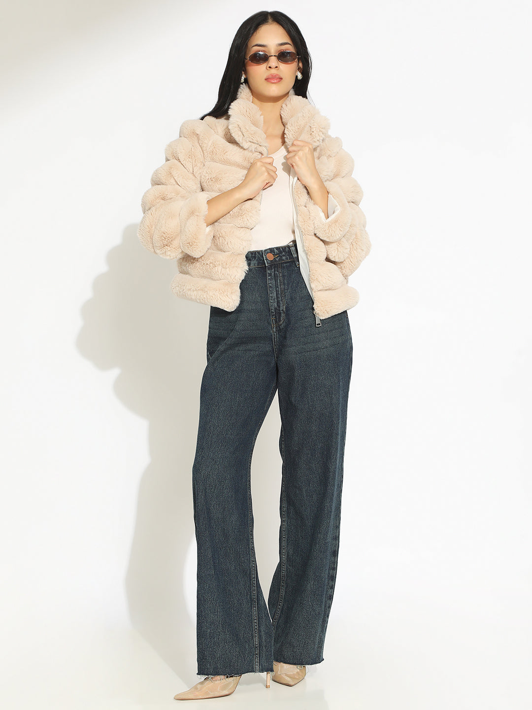 Women's Beige Faux Fur Puffer Zip-Up Jacket