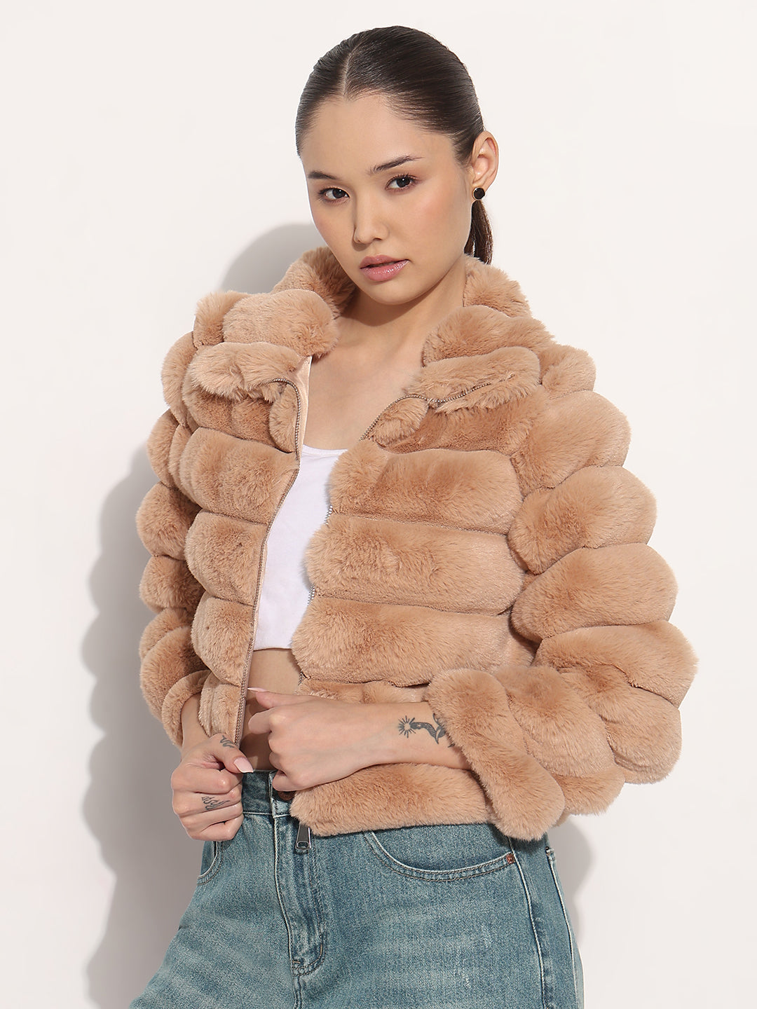 Women's Brown Faux Fur Puffer Zip-Up Jacket
