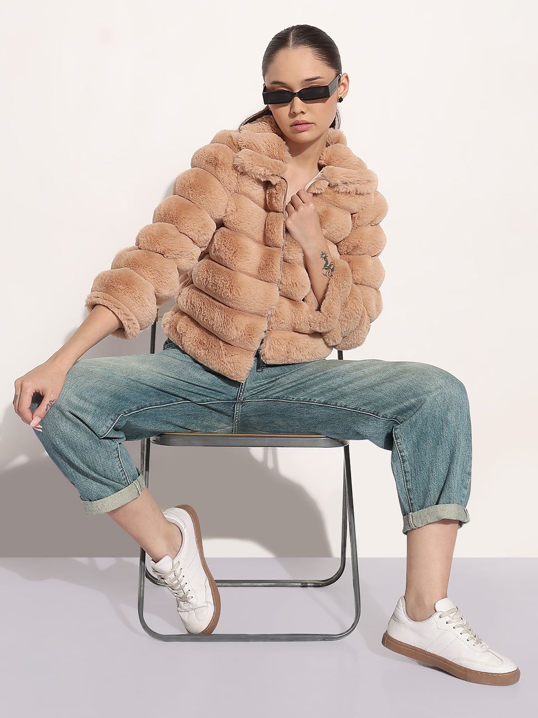 Women's Brown Faux Fur Puffer Zip-Up Jacket