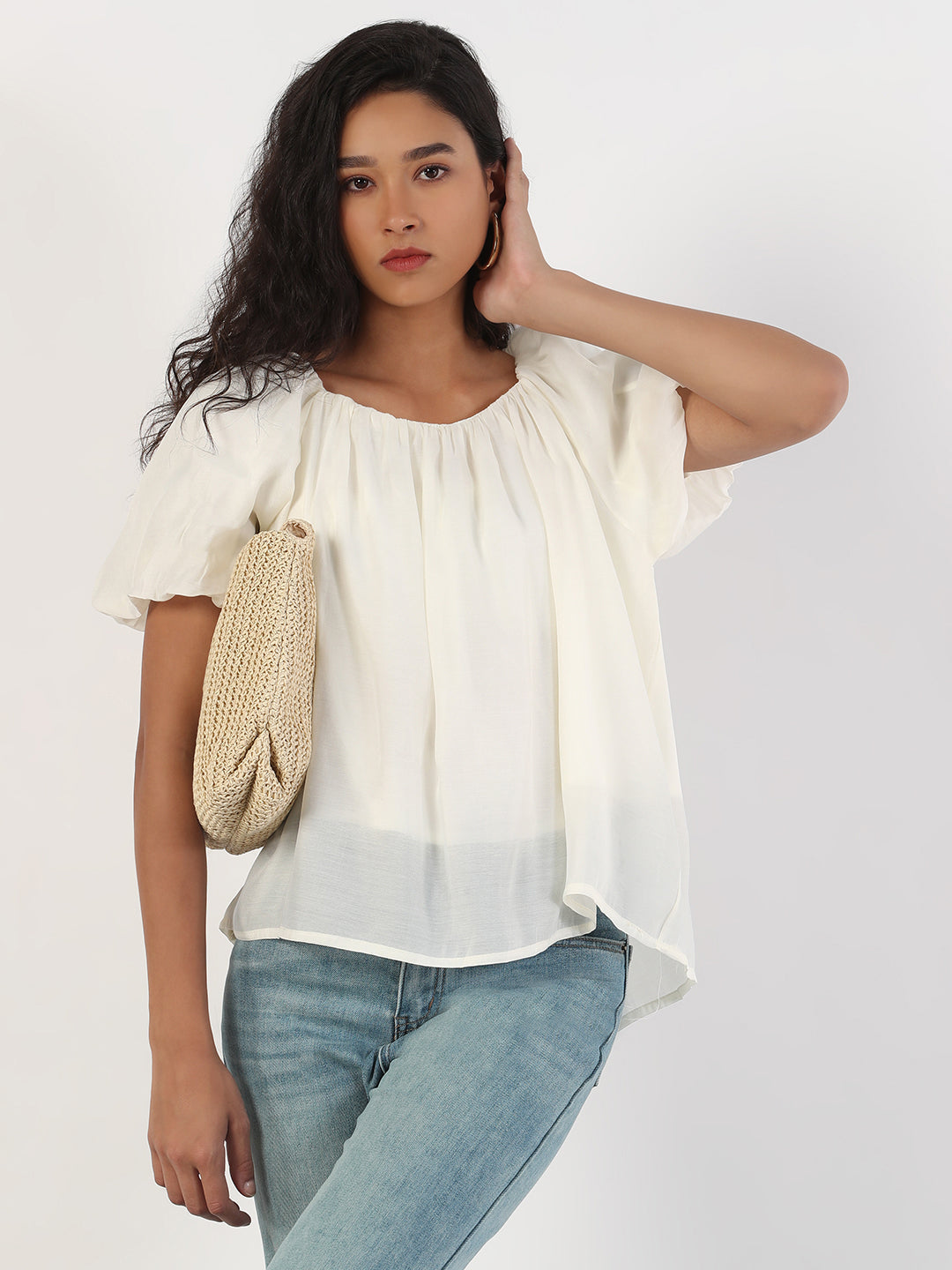 Women Casual Solid Square Neck Cream Top