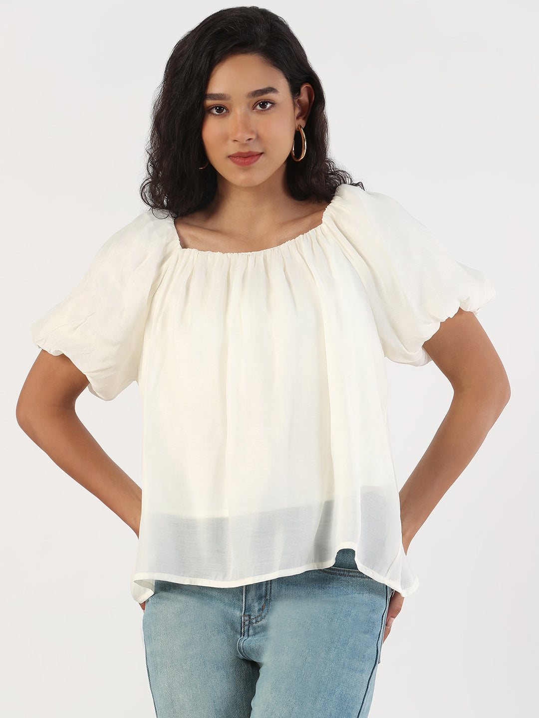 Women Casual Solid Square Neck Cream Top