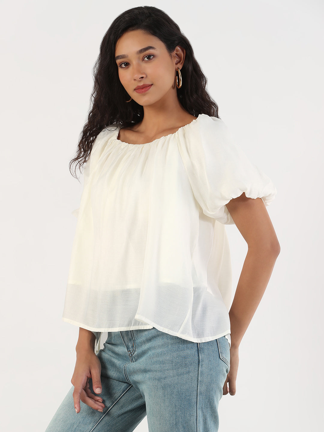 Women Casual Solid Square Neck Cream Top