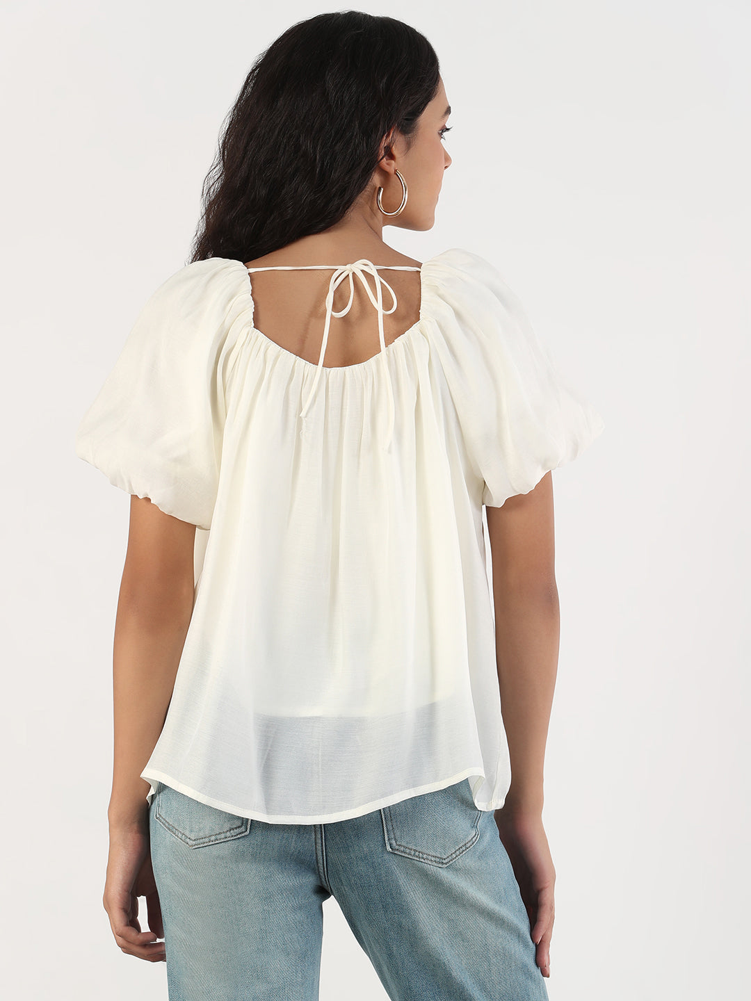 Women Casual Solid Square Neck Cream Top