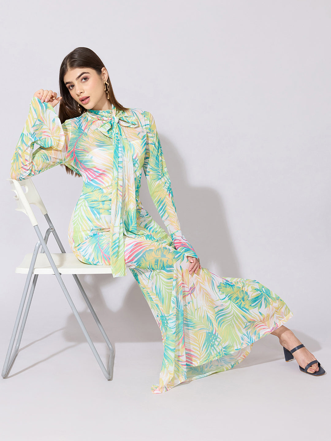 Women's Printed Green Tie-Neck Mesh Dress