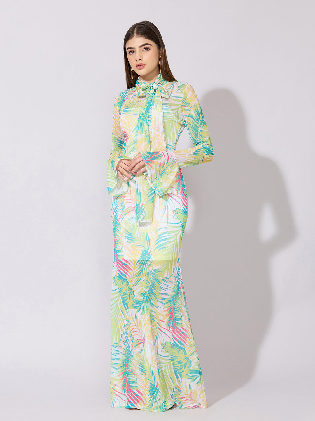 Women's Printed Green Tie-Neck Mesh Dress