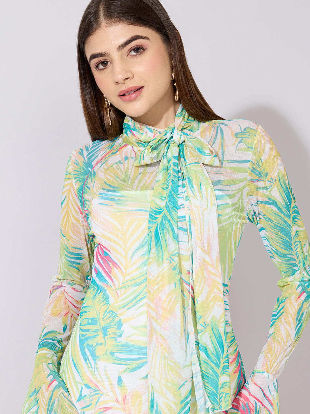 Women's Printed Green Tie-Neck Mesh Dress