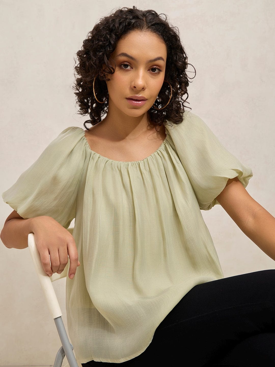 Women's Pleated Green Balloon Sleeves Round Neck Top