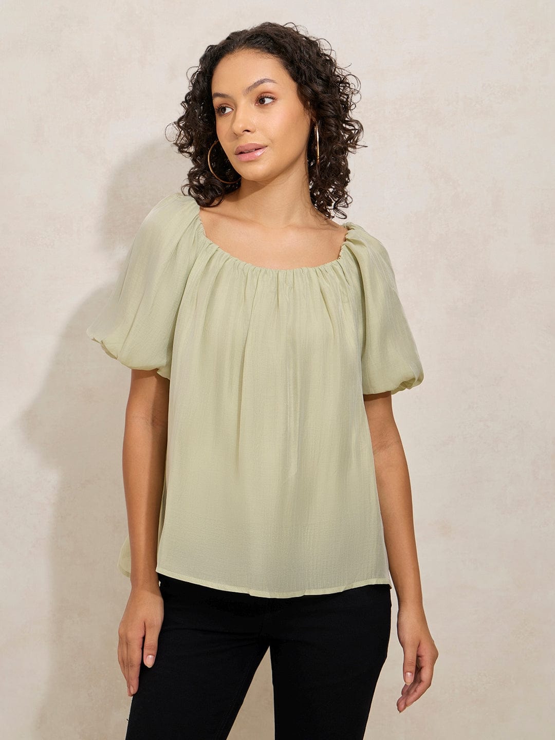 Women's Pleated Green Balloon Sleeves Round Neck Top
