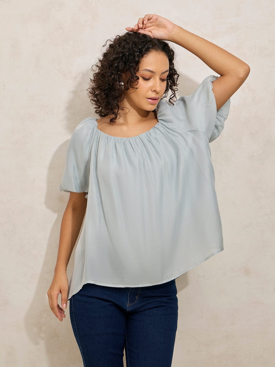 Women's Pleated Grey Balloon Sleeves Round Neck Top