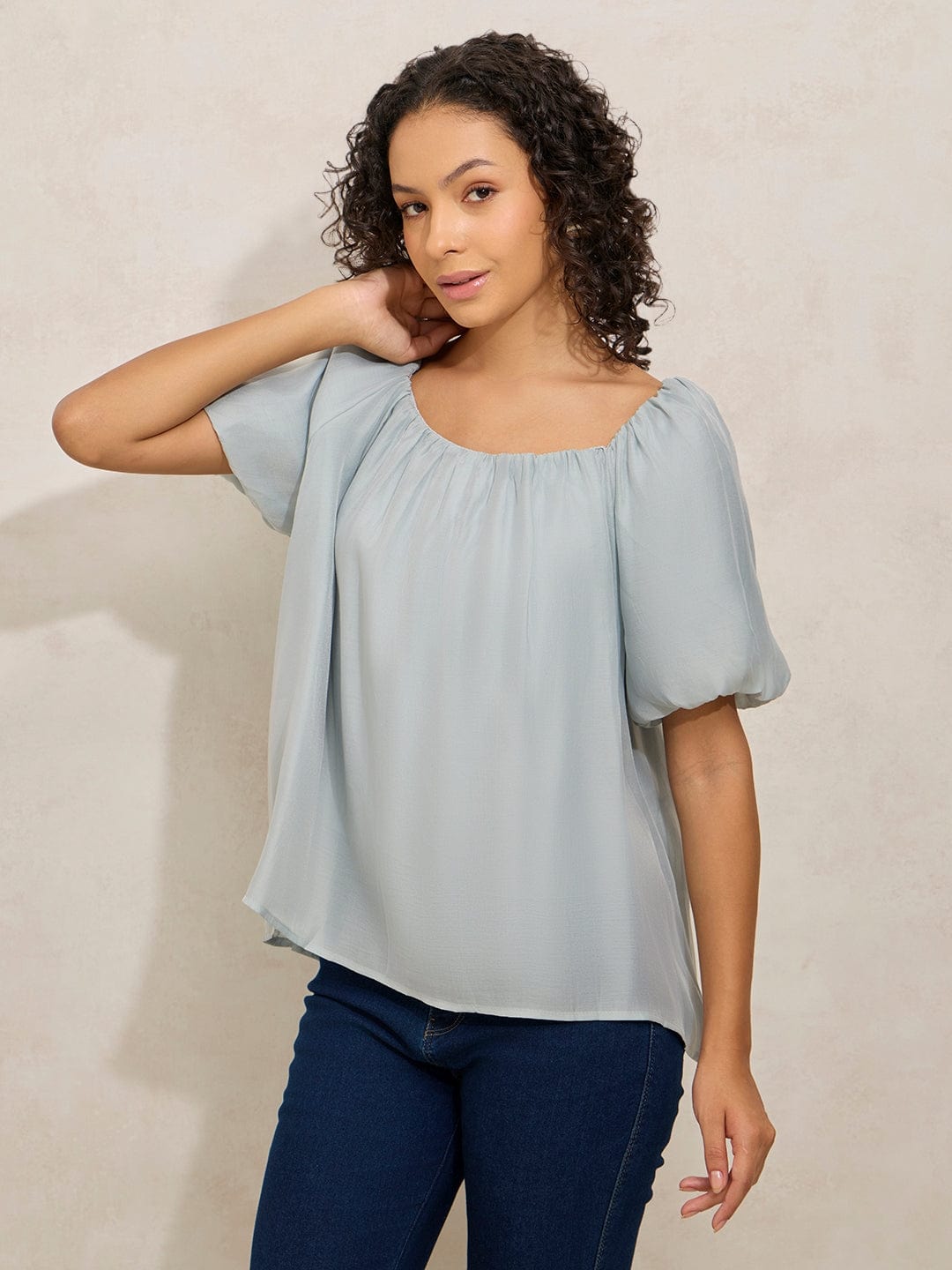 Women's Pleated Grey Balloon Sleeves Round Neck Top