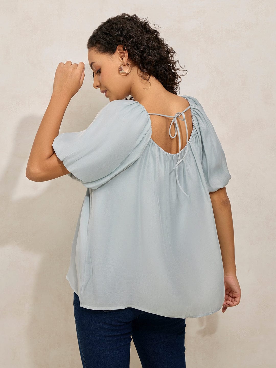 Women's Pleated Grey Balloon Sleeves Round Neck Top