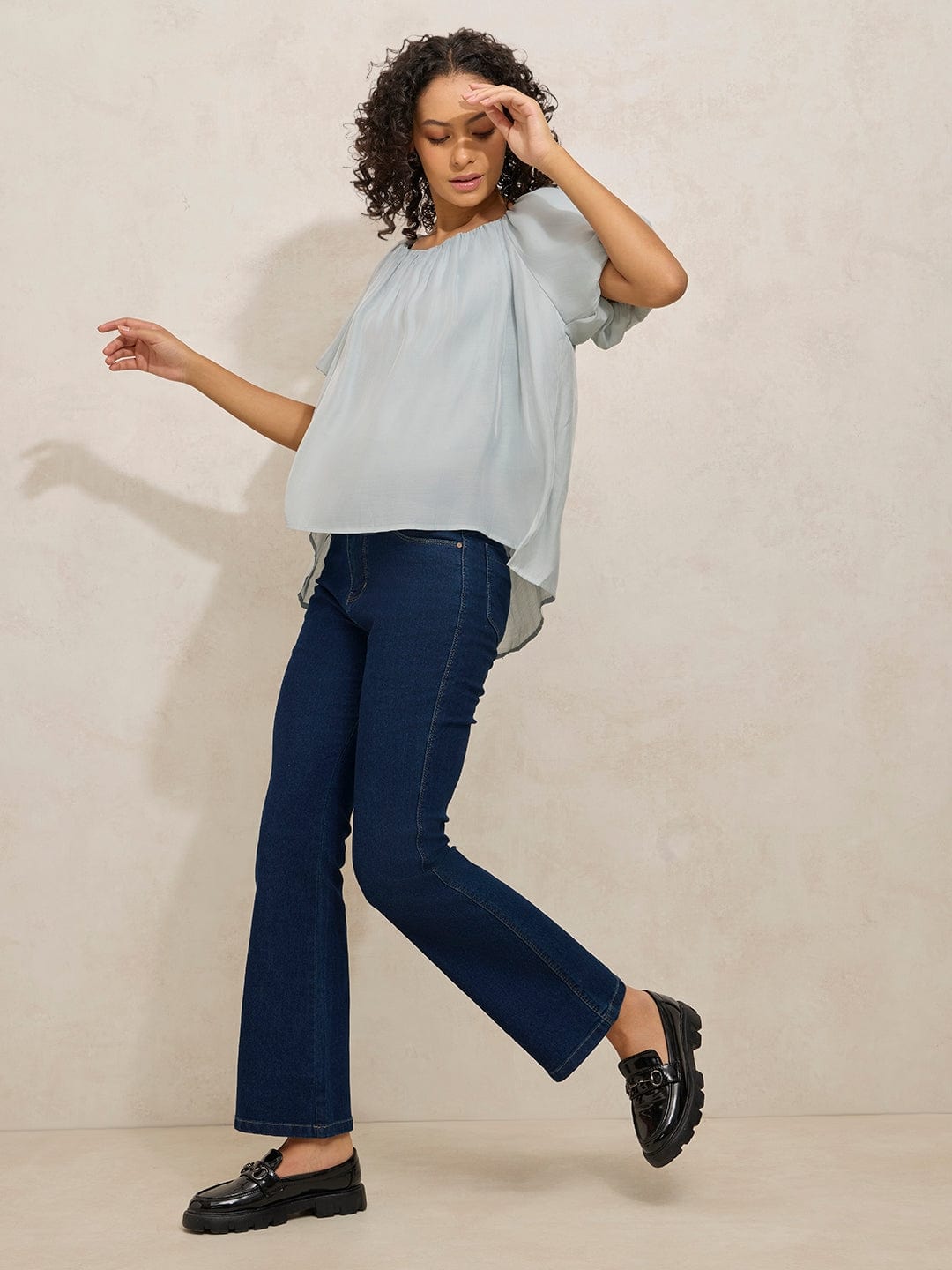 Women's Pleated Grey Balloon Sleeves Round Neck Top