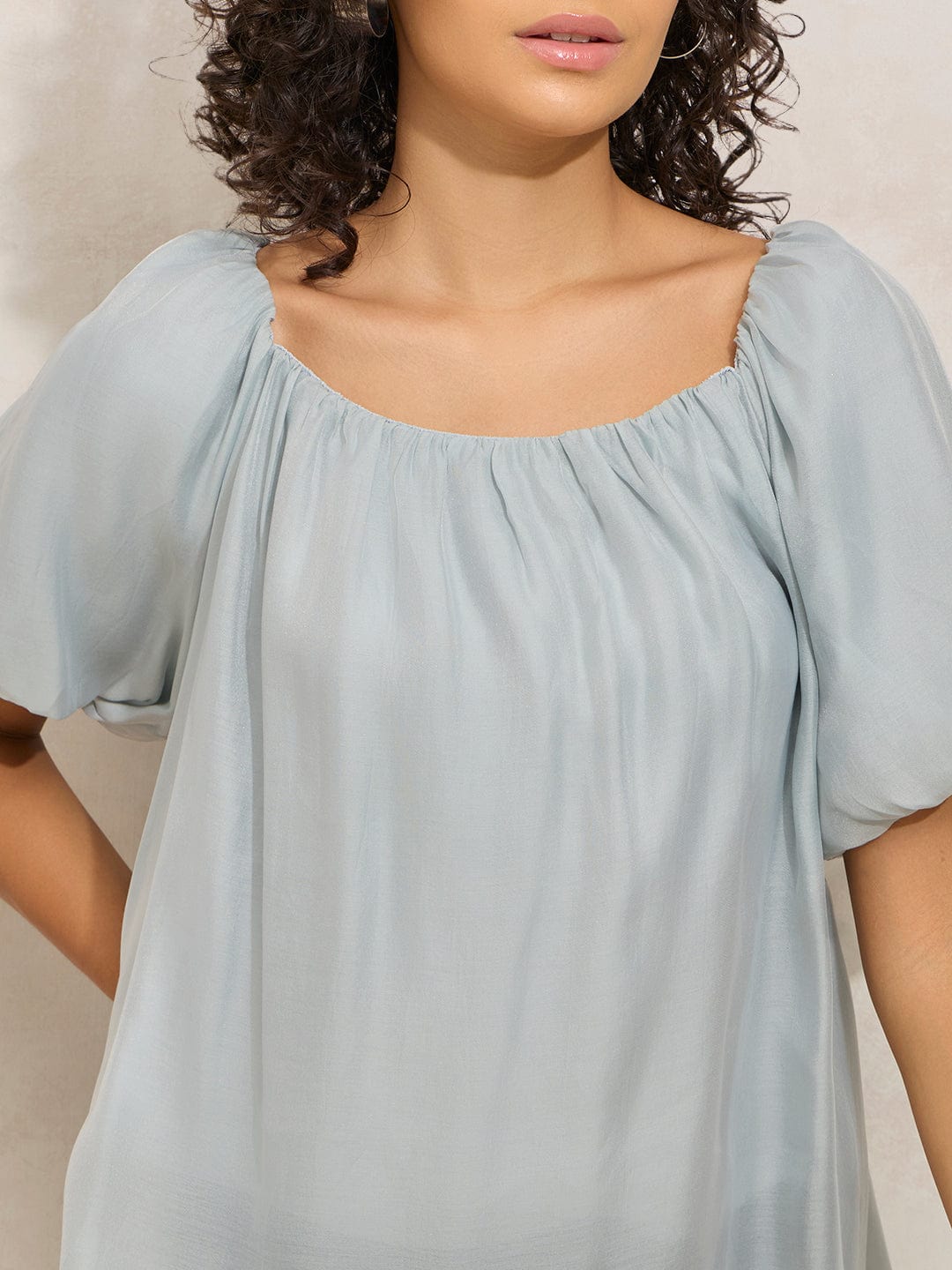 Women's Pleated Grey Balloon Sleeves Round Neck Top