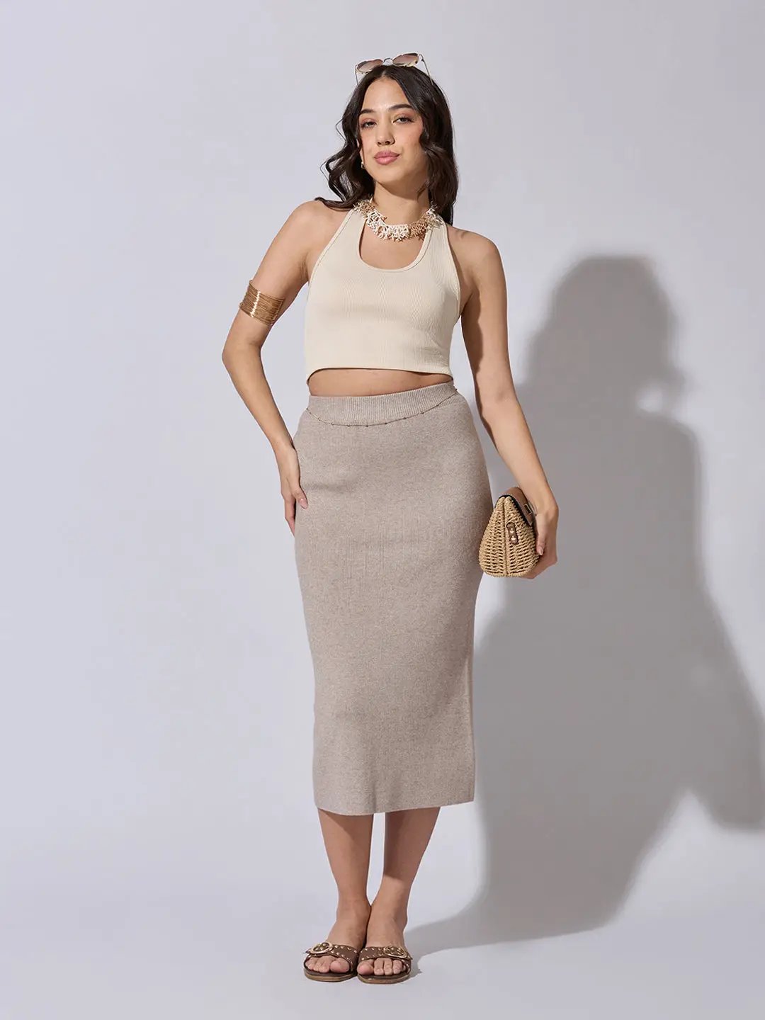 Women's Ribbed Beige Knit Midi Skirt