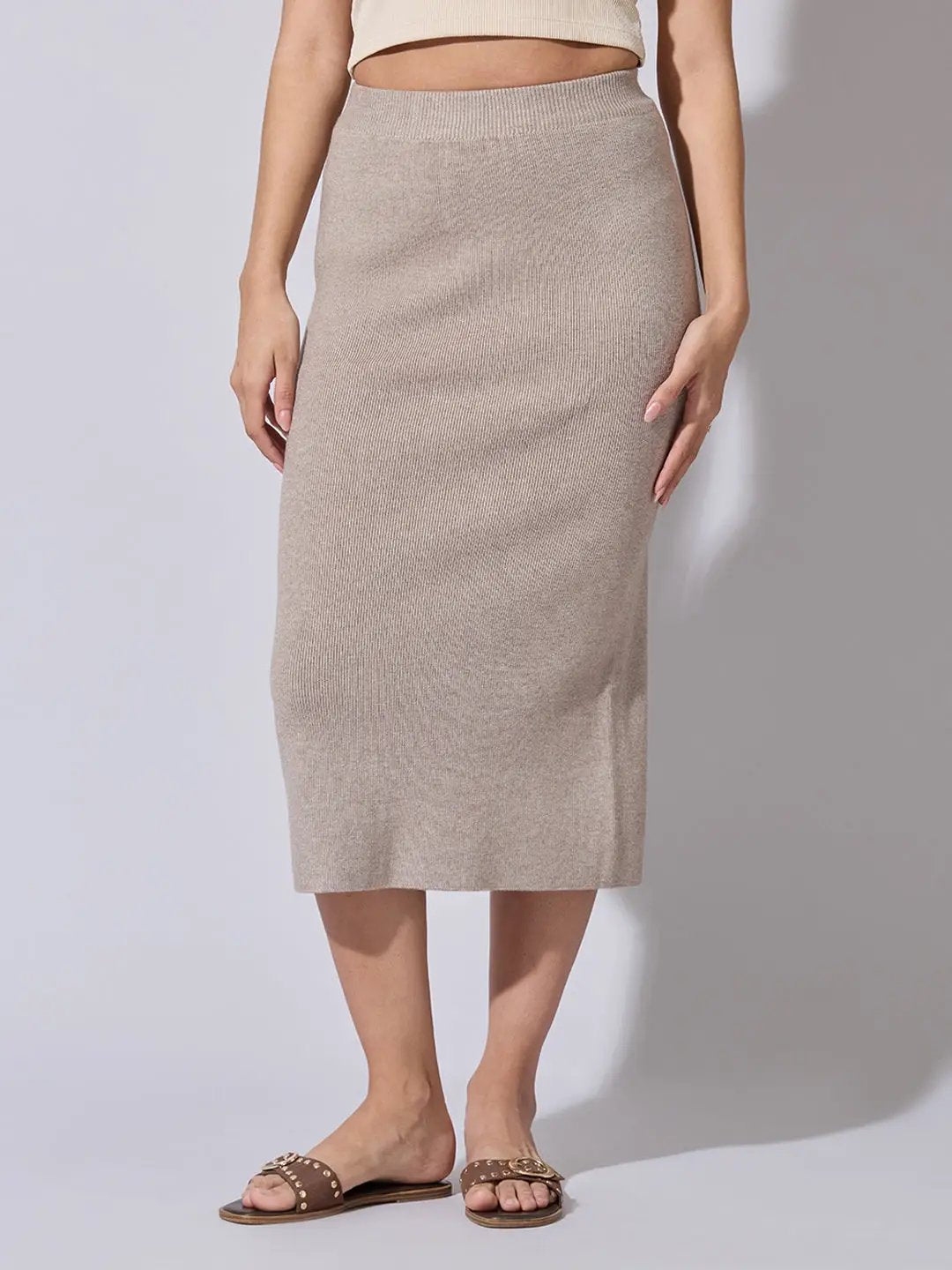 Women's Ribbed Beige Knit Midi Skirt