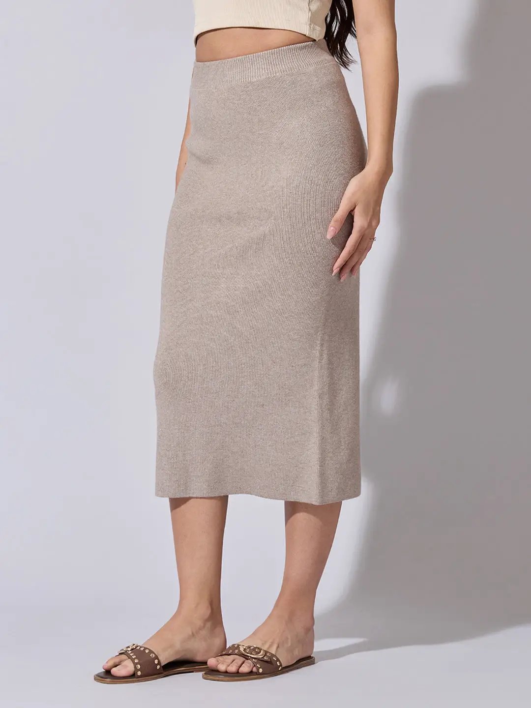 Women's Ribbed Beige Knit Midi Skirt