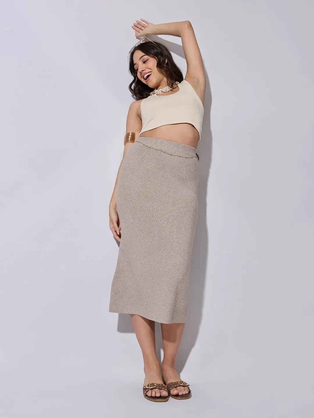 Women's Ribbed Beige Knit Midi Skirt