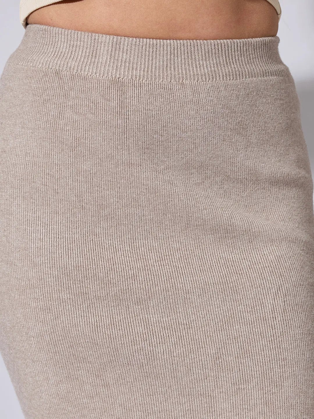 Women's Ribbed Beige Knit Midi Skirt