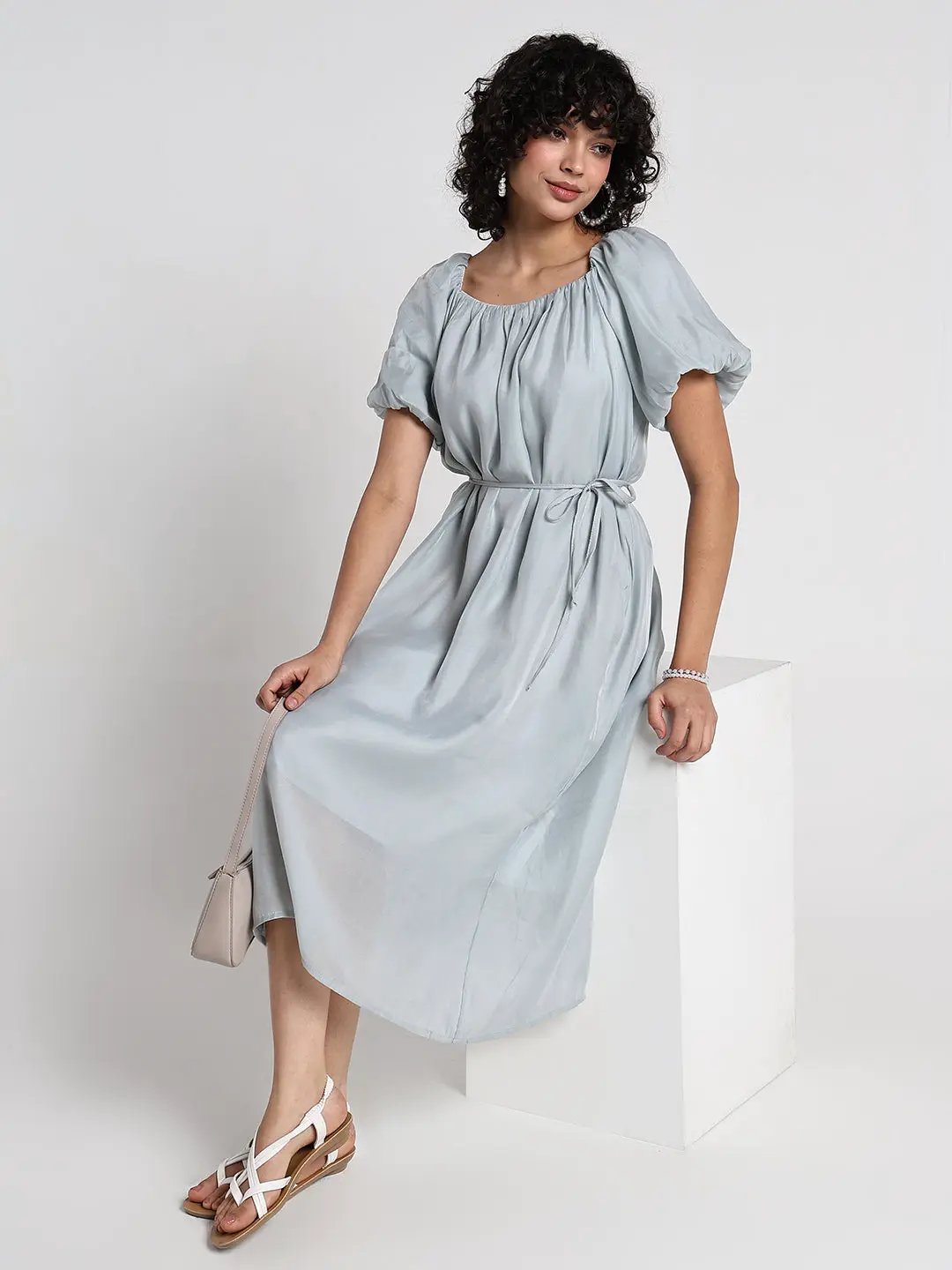 Women's Grey Puff Sleeve Midi Dress with Tie Detail - Uncategorized from SHOWOFFFF