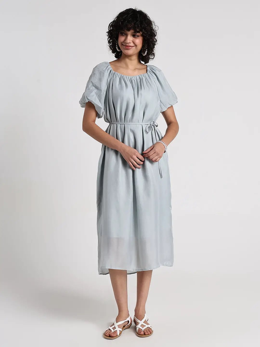 Women's Grey Puff Sleeve Midi Dress with Tie Detail - Uncategorized from SHOWOFFFF