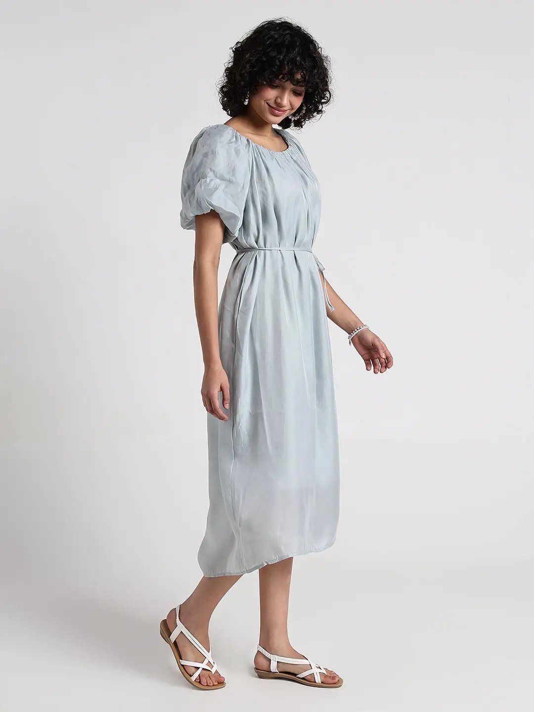 Women's Grey Puff Sleeve Midi Dress with Tie Detail - Uncategorized from SHOWOFFFF