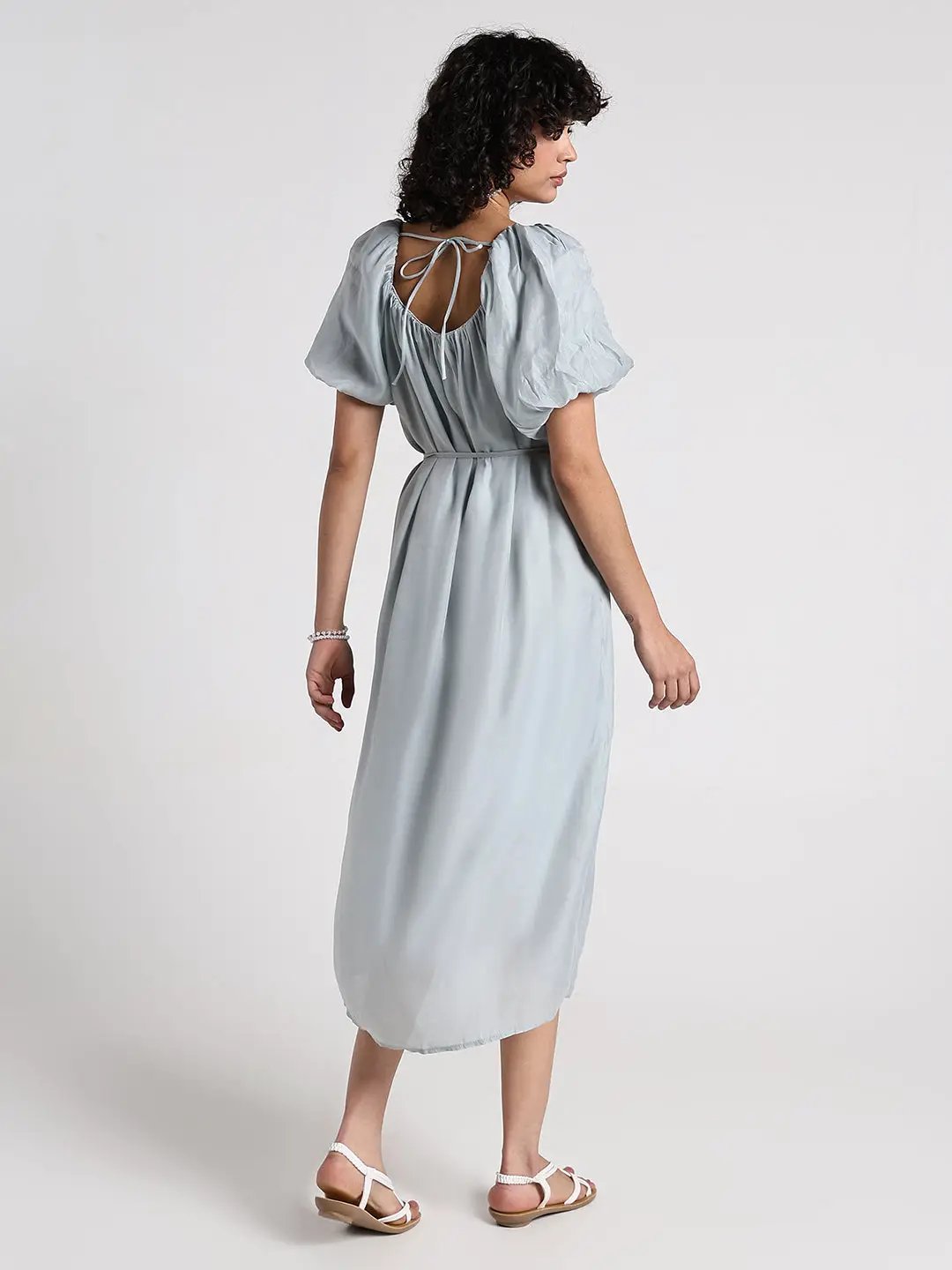 Women's Grey Puff Sleeve Midi Dress with Tie Detail - Uncategorized from SHOWOFFFF