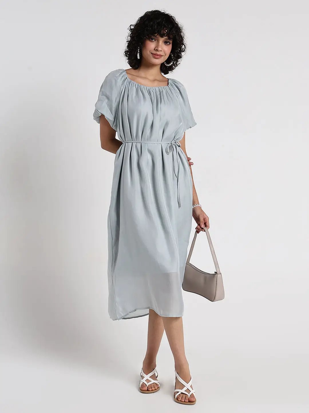 Women's Grey Puff Sleeve Midi Dress with Tie Detail - Uncategorized from SHOWOFFFF